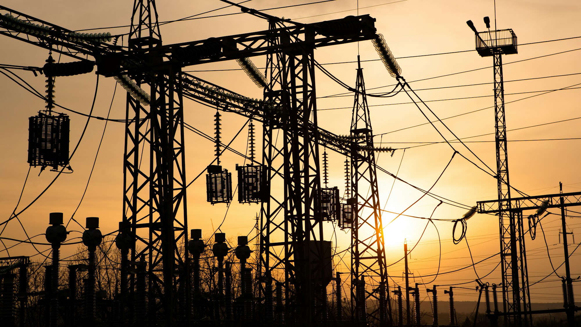 silhouette of a electrical sub station, Energy and industry.